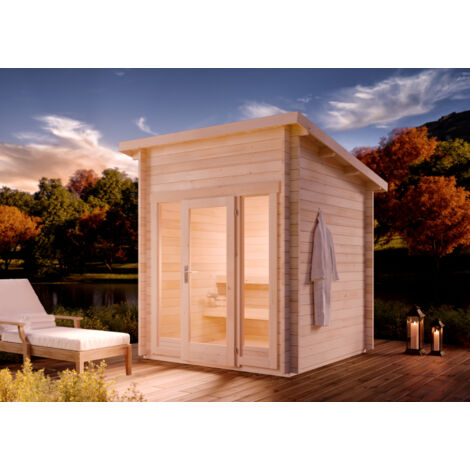 FinnTherm Saunahaus Lizzy XXS Gartensauna 2 Sitzbänke aus Holz in Naturbelassen Sauna Wandstärke: 40 mm Inklusive: Ofen Außensauna - Naturbelassen