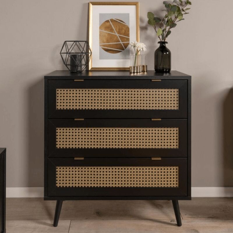 Calicosy - Commode 3 Tiroirs Impression Cannage et Noir L80 x H80 cm - villa