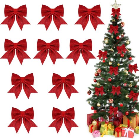 Fiocco di Natale rosso, 10 pezzi fiocchi di Natale glitterati, fiocco di nastro di Natale, fiocco per albero di Natale, fiocchi glitterati, decorazione per albero di Natale