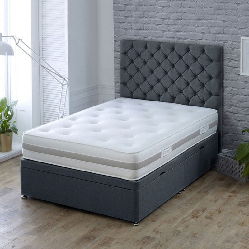 Divan Beds Uk - Fiona Luxury Ottoman Divan Bed With Floor Standing Headboard / End Lift / 3Ft / Luxury Memory Foam Mattress