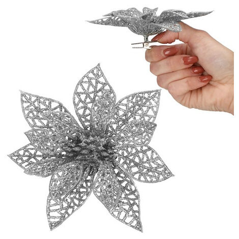 6 Stelle Di Natale Artificiali Con Glitter, Fiori Rossi Decorativi In Plastica, Dimensioni 16x16 Cm, Per Albero E Centrotavola Natalizio - 4
