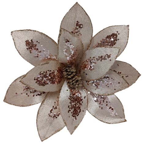 Fiore decorativo natalizio effetto paillettes con stelo per alberi e ghirlande h 27 cm