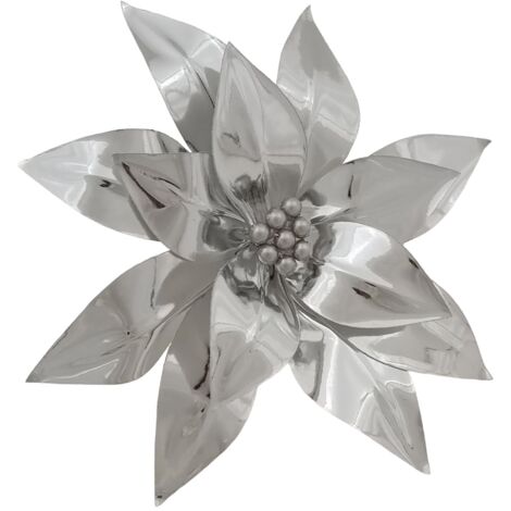 Fiore decorativo natalizio lucido color argento per decorazione ambienti h 50 cm
