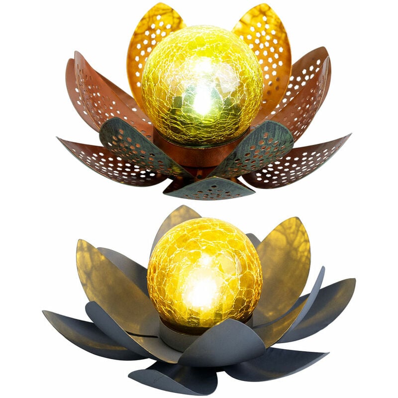 Image of Fiore di loto decorazione fiore di loto solare per luci decorative da giardino all'aperto Giardino asiatico, foglie di metallo in vetro craquelé,