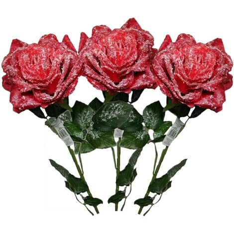 Fiore rosa con stelo foglie set da 3 rossa per addobbare decorare casa negozio