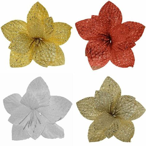 Fiore stella glitter per albero di natale addobbi decorazioni natalizi ornamento casa vetrine set 3 oro bianco rosso champagne - colorigenerali: ROSSO