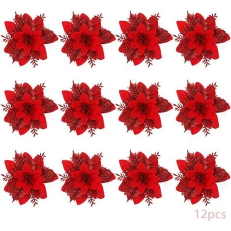Fiori di Natale, 12 fiori di Natale glitterati, fiori di Natale cavi glitterati, decorazioni artificiali per l'albero di Natale, decorazioni natalizie