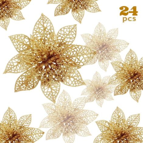 Fiori di Natale, 24 pezzi di fiori di Natale glitterati, fiori di Natale cavi glitterati, decorazioni artificiali per albero di Natale con stella di Natale, decorazioni per matrimoni, feste, Natale (o