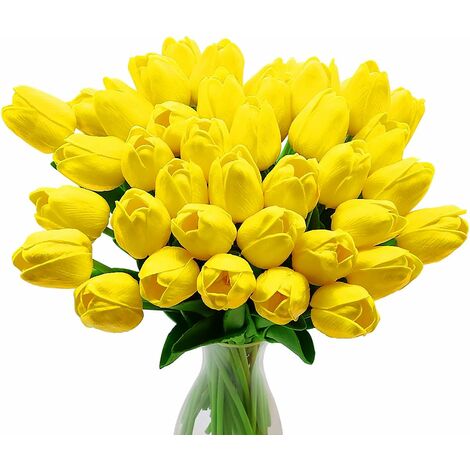 Set di 10 tulipani artificiali realistici - Bouquet da sposa - Decorazione  per la casa o il giardino - Giallo chiaro