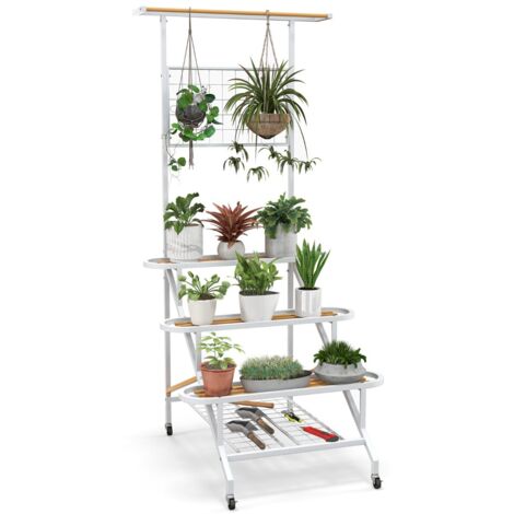 Fioriera a scala a 4 livelli per piante con barra e traliccio struttura in metallo ruote, Scaffale porta piante 80x85x175cm