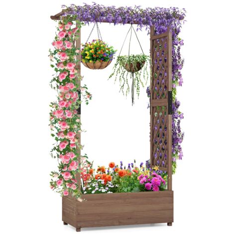 Fioriera con 2 tralicci laterali, tetto sospeso in legno di abete con drenaggio Hole, Aiuola rialzata, 110 x 44 x 182 cm, Marrone