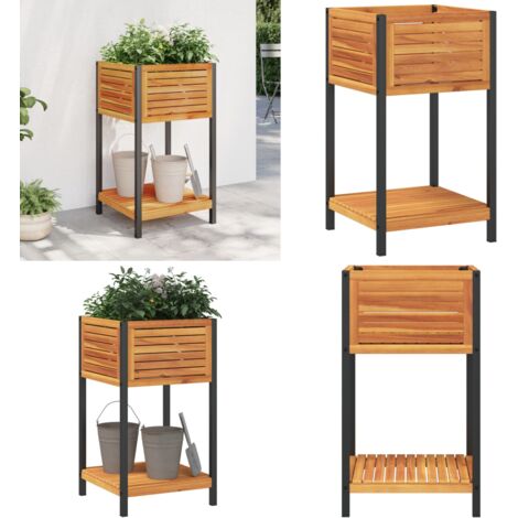 Fioriera con Ripiano 45x45x80 cm in Legno Acacia e Acciaio - Fioriera da giardino - Fioriera da interno