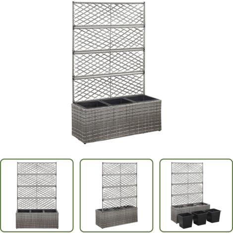 Fioriera con traliccio -  Letto Rialzato a Traliccio 3 Vasi 83x30x130cm Polyrattan Grigio