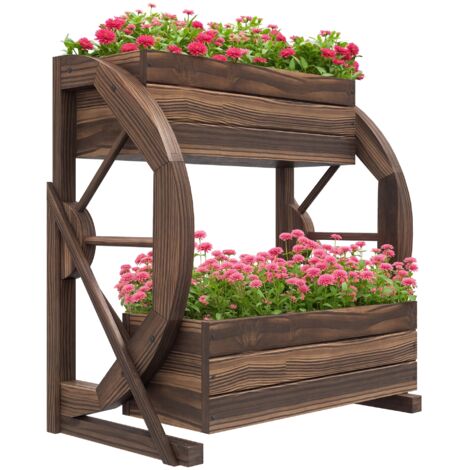 Fioriera da esterno a 2 livelli in legno con 3 vasi e ruote, stile rustico, 55x32x56 cm