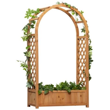 FIORIERA DA ESTERNO A FONDO CAVO IN ABETE MARRONE CON ARCO DECORATIVO E GRATE PER RAMPICANTI. 83X36X152 CM