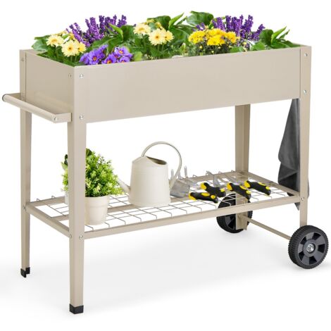 Fioriera da esterno in metallo con ripiano ruote ganci e impugnatura, Aiuola rialzata per ortaggi fiori Beige