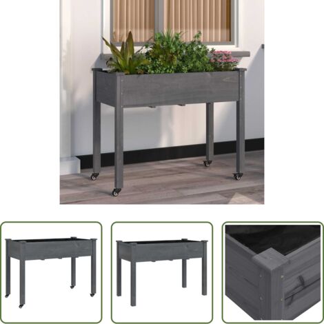 Fioriera da giardino - Fioriera Ruote e Fodera Grigia 118x59x80cm Legno Massello Abete