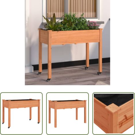 Fioriera da giardino - Fioriera Ruote Fodera Marrone 118x59x80cm Legno Massello Abete