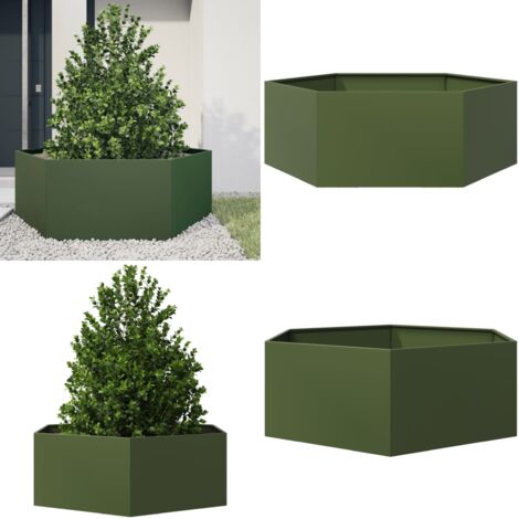 Fioriera da Giardino Verde Oliva Esagono 138x120x45 cm Acciaio - Fioriera in acciaio - Fioriera verde oliva