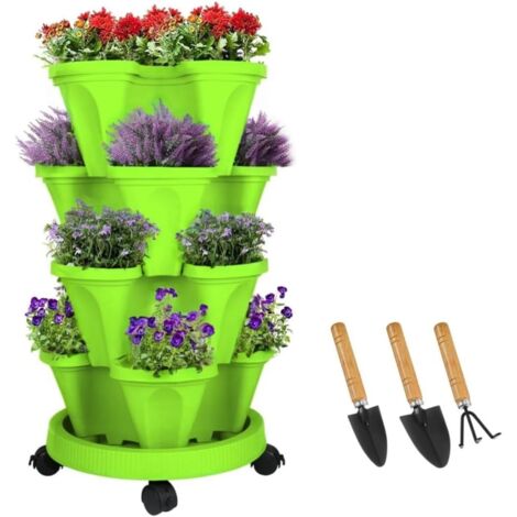 Fioriera impilabile, torre da giardino verticale, set di fioriere verticali per fragole, erbe aromatiche, fiori (verde, 4 livelli)