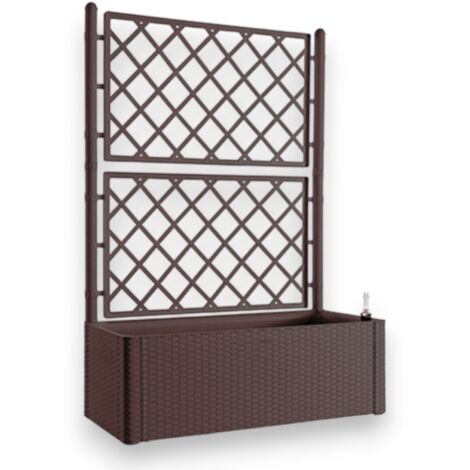 Fioriera in resina da giardino con pannello grigliato e vaso effetto rattan con riserva d'acqua e indicatore di livello Natural Deluxe -  Brown
