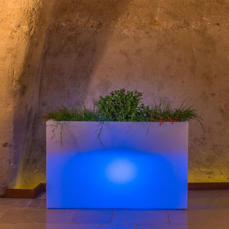 Image of Tekcnoplast - Fioriera lampada vaso luminoso rettangolare in resina 90x30 cm h 80 mod. Flowerpot con Led Luce Blu