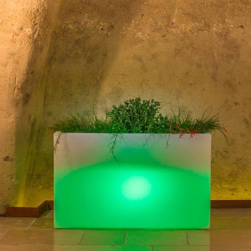 Image of Fioriera lampada vaso luminoso rettangolare in resina 90x30 cm h 80 mod. Flowerpot con Led Luce Verde