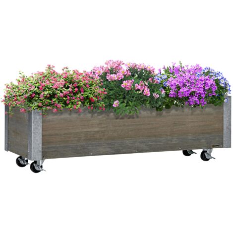 Fioriera Rettangolare 96x30,6x30 cm con Ruote e Freno in Legno di Abete Grigio