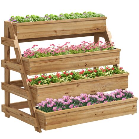 Fioriera Rialzata a 4 Livelli 75x57x60,5 cm con Fori di Drenaggio e Tessuto non Tessuto in Legno di Abete