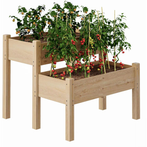 Fioriera rialzata a due livelli in legno con gambe, 86x86x74 cm, per ortaggi, erbe aromatiche e fiori, con 8 fori di drenaggio