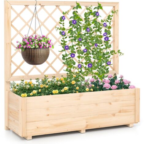 Fioriera rialzata con traliccio, drenaggio, in legno massello per piante rampicanti, fiori, erbe aromatiche, ortaggi, frutta, 98 x 35 x 101 cm