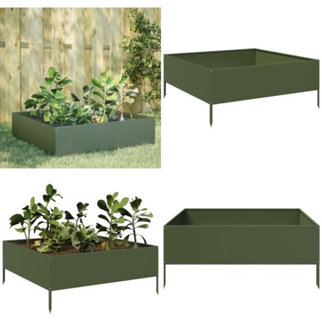 Fioriera Rialzata Giardino Verde Oliva 100x100x25 cm Acciaio - Giardino - Piante