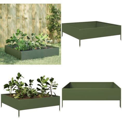 Fioriera Rialzata Giardino Verde Oliva 100x100x33,5 cm Acciaio - Fioriera da giardino - Fioriera in acciaio