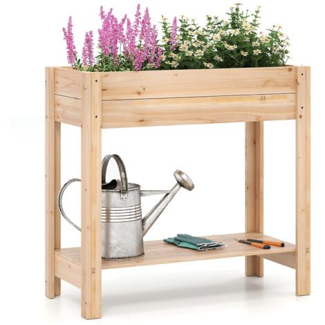 Fioriera rialzata in legno, Aiuola in legno con gambe, ripiano portaoggetti e fori di drenaggio, Contenitore per fiori ed erbe aromatiche, 81 x 38 x 76 cm