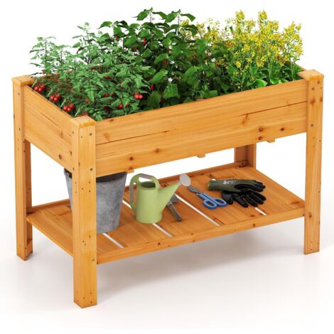 Fioriera rialzata in legno con drenaggio Hole, Aiuola con Gambe e Ripiano, Contenitore per la Coltivazione di Fiori e Verdure (Marrone)