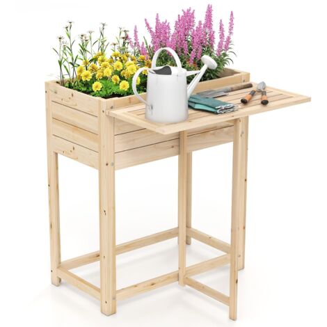 Fioriera rialzata in legno con gambe, Aiuola con ripiano laterale pieghevole per drenaggio, Fioriera per fiori, verdura, frutta, 63 x 67 x 74 cm