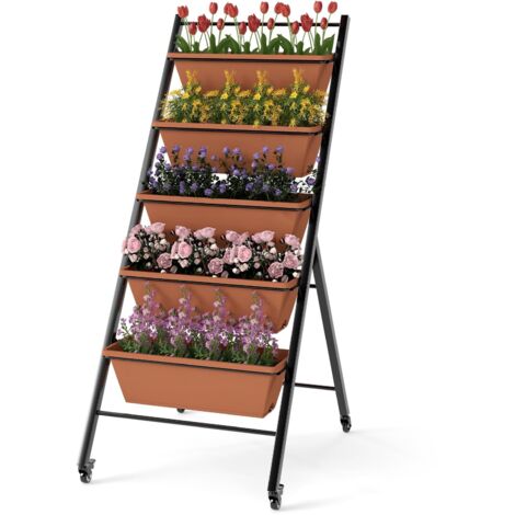 Fioriera verticale mobile a 5 ripiani con 5 fioriere, drenaggio dell'acqua, ruote, supporto da giardino rialzato in metallo per fiori ed erbe aromatiche