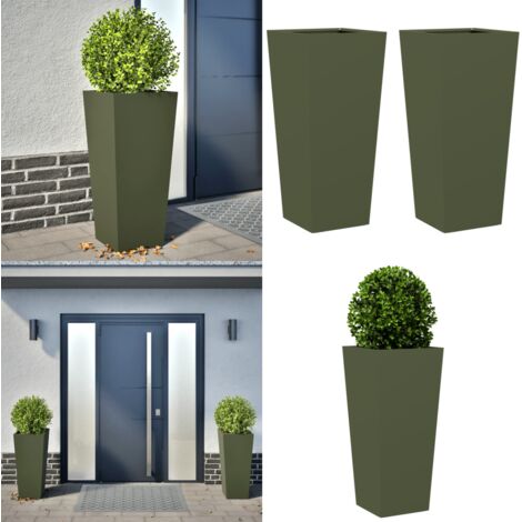 Fioriere da Giardino 2 pz Verde Oliva 35x35x75 cm in Acciaio - Fioriere in acciaio - Fioriere per piante