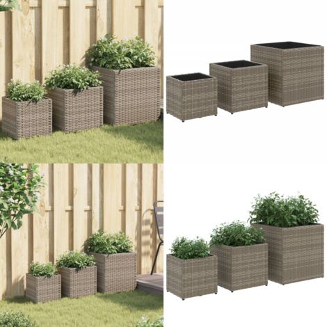 Fioriere da Giardino 3 pz Grigie in Polyrattan - Fioriere in rattan - Fioriere in acciaio
