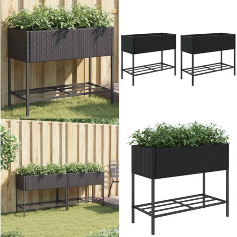 Fioriere da Giardino con Ripiani 2pz Nere 90x40x75cm Polyrattan - Fioriere in rattan - Fioriere in acciaio