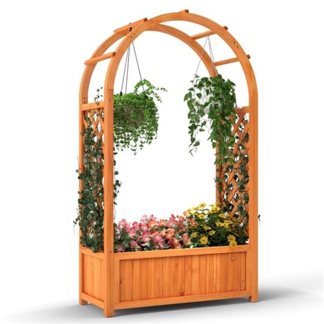 Fioriere Letto da giardino elevato con griglia tetto curvo fodera drenaggio Cassone da piantagione in legno per piante rampicanti Marrone