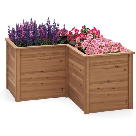 Fioriere Letto rialzato in legno da giardino con base aperta, Vaso rialzato a forma di L da giardino 120x120x63cm Marrone