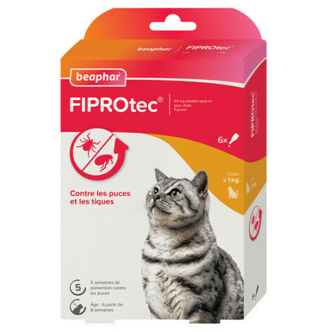 Fiprotec 50 mg, solution spot-on pour chats (> 1 kg) au fipronil
contre puces et tiques - 6 x 0,5 ml