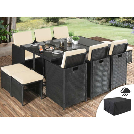 Fira - garten essgruppe 10 sitze - aus geflochtenem polyrattan - schwarz mit beigen kissen + schutzhülle - beige / schwarz