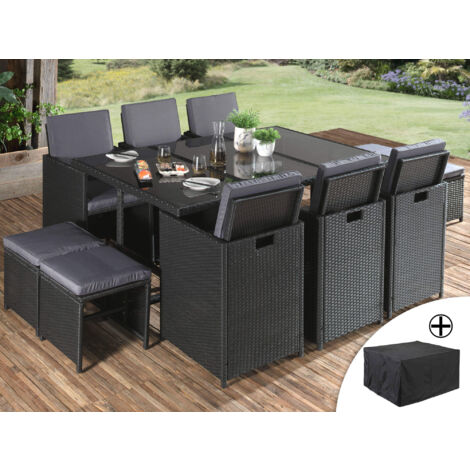 Fira - garten essgruppe 10-sitzer - aus geflochtenem polyrattan - schwarz mit grauen kissen + schutzhülle - schwarz / grau