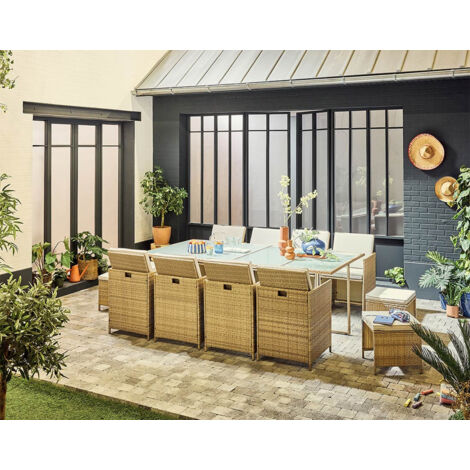 Fira - gartenmöbel - ineinanderschiebbar aus geflochtenem harz beige - 12 plätze - beige kissen + schutzhülle - beige