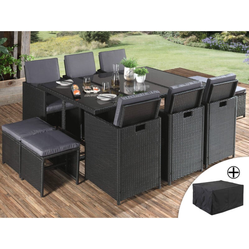 Fira - salon de jardin encastrable 10 places - en résine tressée - noir avec coussins gris + housse de protection