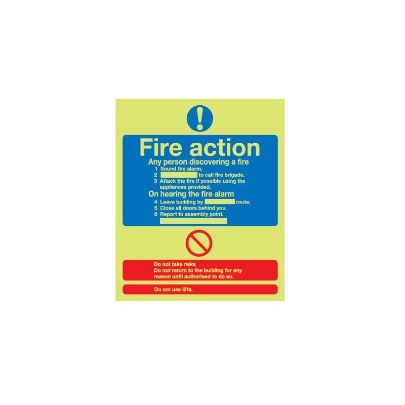 Sitesafe - Fire Action Standard Procedure Photoluminescent Rigid pvc Sign - 250 x