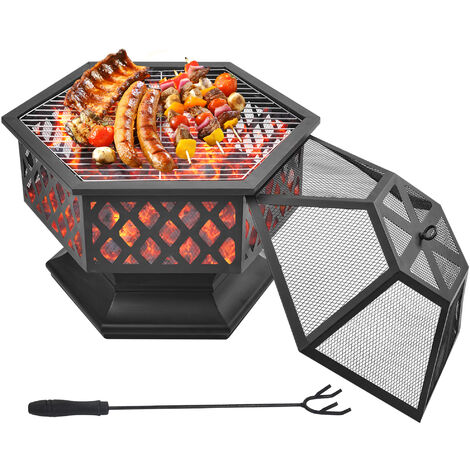 3 in 1 Hexagonal Fire pit Outdoor Heater with BBQ Grill, Poker, Spark Guard and Protective Cover for Patio Garden BBQ Camping