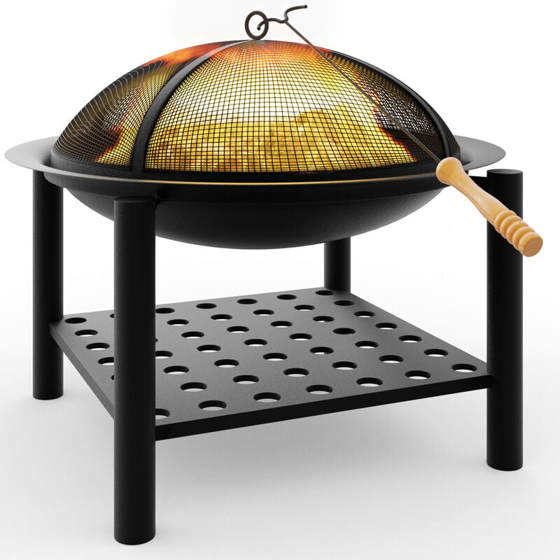 Fire Bowl Pit Basket Stainless Steel BBQ Garden Grill Brazier Heating Wood Charcoal 55x50cm Lid Hook